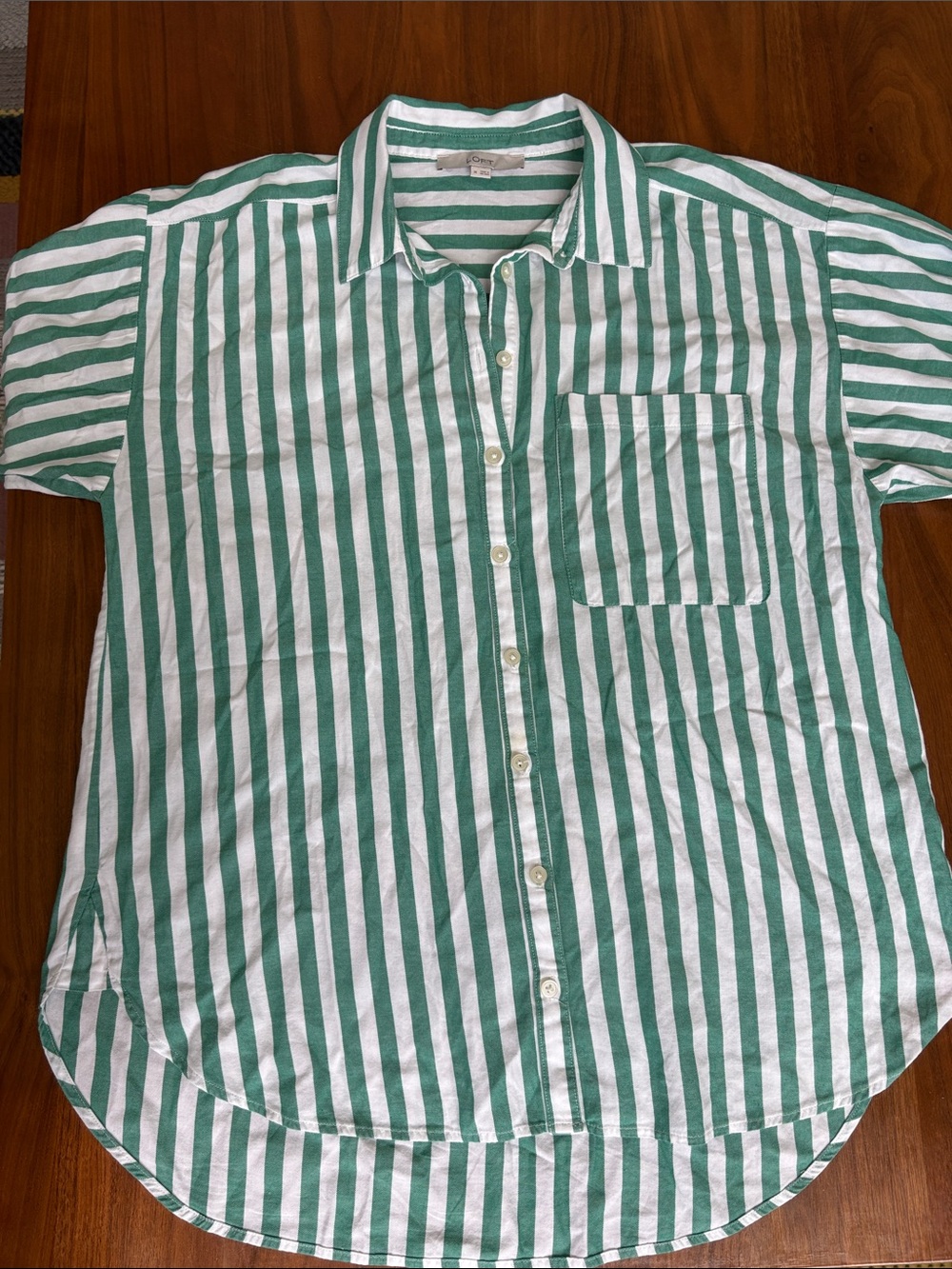 LOFT Striped Poplin Everyday Oversized Pocket Shirt Green White Size Medium - Picture 6 of 9